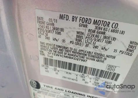 2011 Ford F-150 Xlt из США, поврежденный, VIN 1FTEW1CM0BKD27997